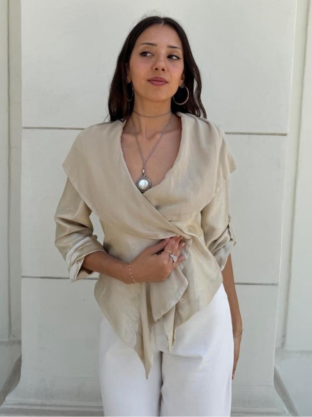 Cream wrap blouse/ cover up cardigan with tie front detail - fits size s-L -